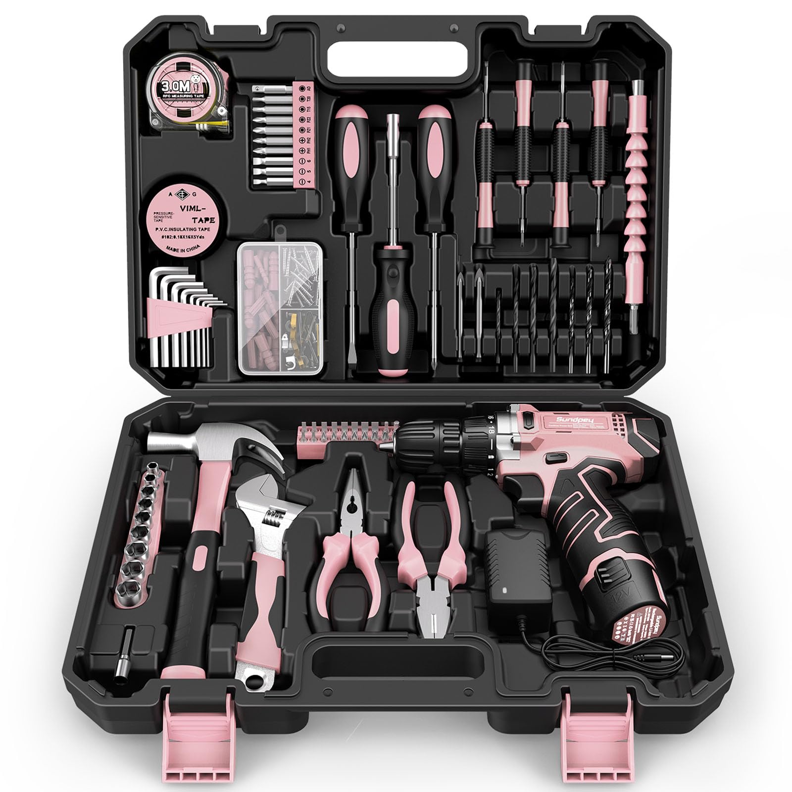 Sundpey Home Tool Kit with Drill - 206PCs Pink Tool Kit with 12V Cordless Power Drill for Household Repair - Portable Basic Pink Tool Box for Women with DIY Hand Tool Set(Screwdrivers & Pliers)