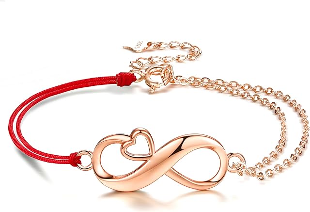J.Endéar Infinity Bracelet Women 925 Sterling Silver Love Heart Handmade Filigree Cord Double Chain Jewelry for Wife Girlfriend Valentine's Day Birthday Gift, with Jewelry Box