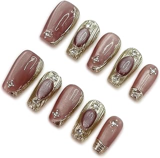 Yabonica10 Pcs Dark Red Press On Nails Short Square, Hand Made Nail Press Ons with Red Cat's Eye Charm Salon Design-Nature Reusable Acrylic False Nails Stick On Fingernail for Woman Girls (04xs)