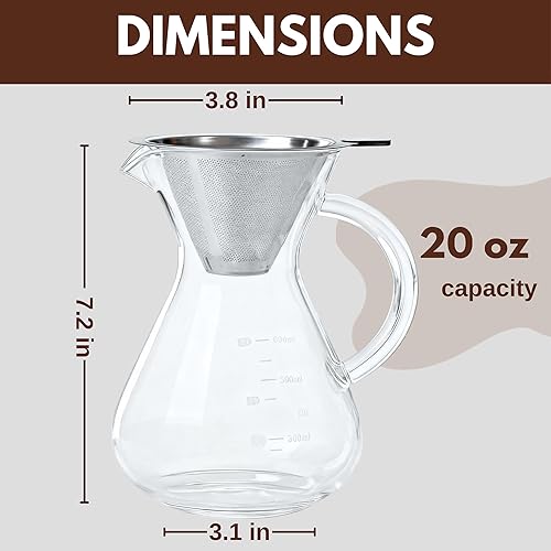 Miniatura 2 de Cafetera vertida, jarra de vidrio de borosilicato de 20 onzas (20.3 fl oz), filtro de acero inoxidable reutilizable, gotero sin papel, para el