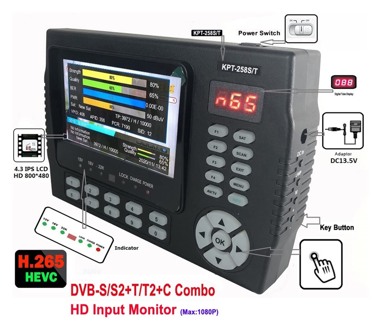 Pointeur Satellite KPT-258S / T DVB-S2 / T2 Satellite la télé Finder Recepes de TV HD Test de signal de compteur de récepteur satellite numérique vs ST-5150(KPT 258ST)