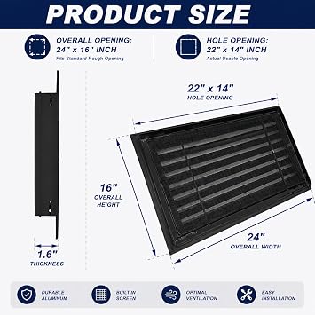24*16 Gable Vent,Aluminum Alloy Wall Vent Shed Vents,with Removable Strainer and 180 Degree Opening Angle.Ideal for Attic,Shed,Garage,Play House,Coop.[Inside Dimensions:22w X 14h]-Black 1 Pack