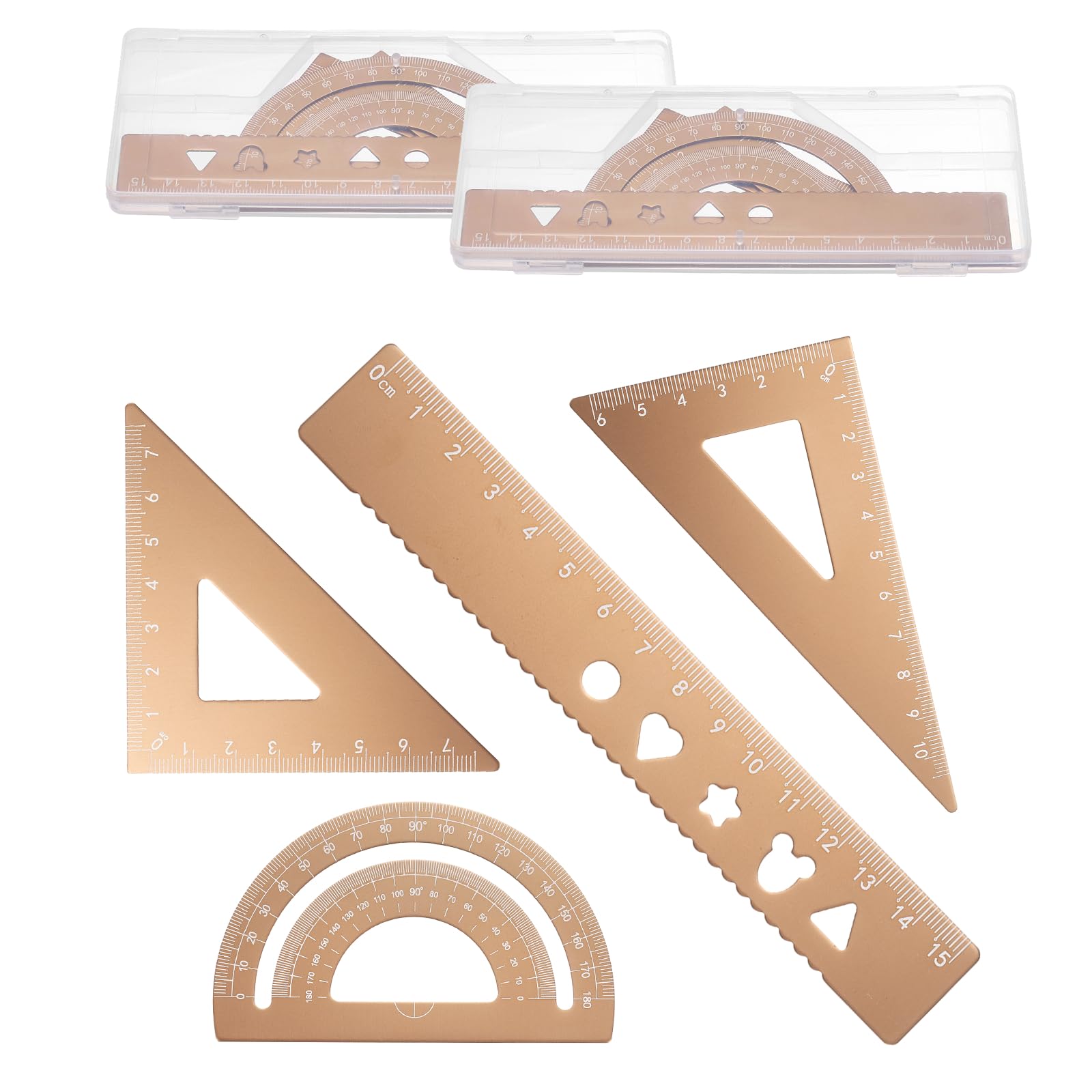 PATIKIL 8 Pcs Geometry Drafting Tool, Aluminum Alloy Geometry Kit Math Tool Includes 15cm L Ruler Protractor Triangles for Drafting Angle Measure Simple Science Experiment, Gold