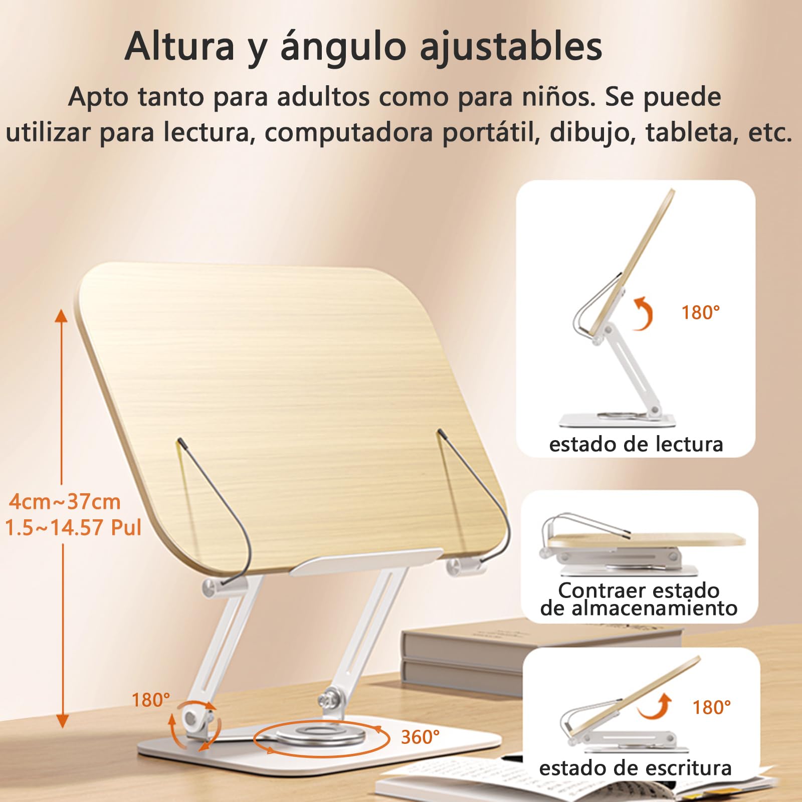 Soporte de Lectura, Soporte de Libro Ajustable con Base Giratoria 360°, Soporte de Libro de Cocina Plegable, Práctico Soporte Giratorio para Partituras, Libros Pesados, Computadora portátil