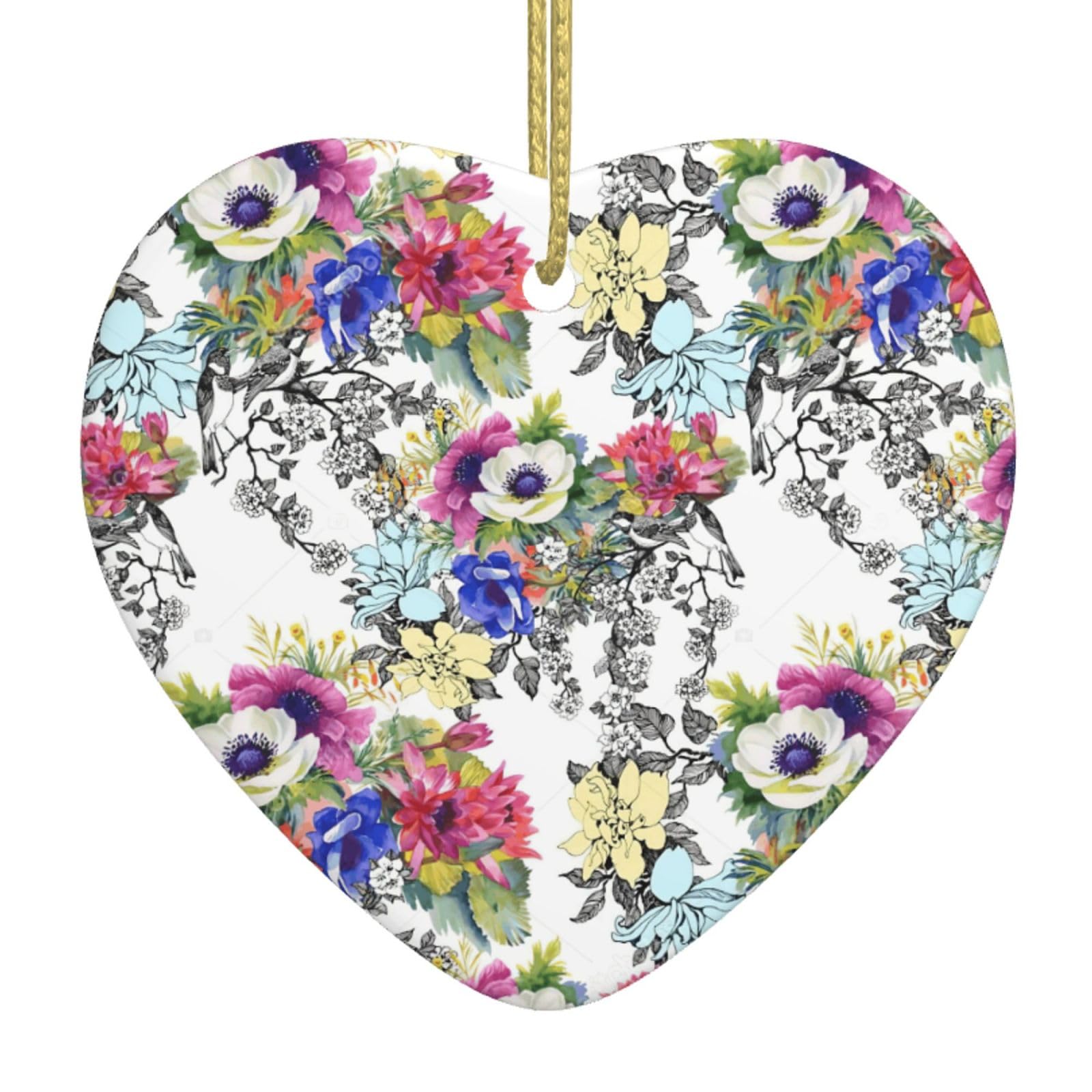 Nbtghga White Garden Blossoming Wildflowers Birds Leaves Branches Print Christmas Ornaments, Ceramic Hanging Ornament, Xmas Tree Decoration, Holiday Home Decor