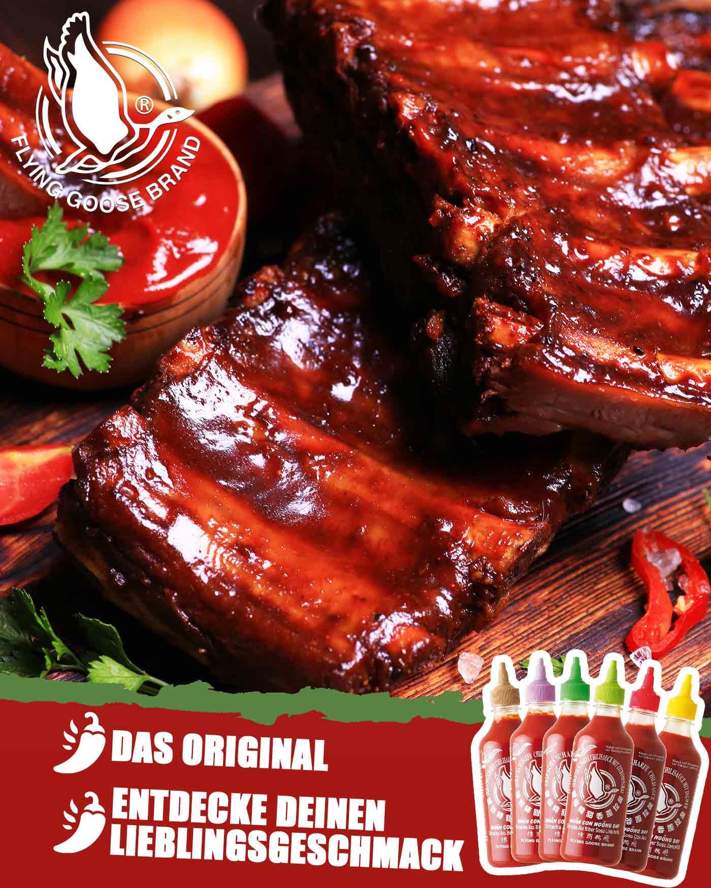 FLYING GOOSE Sriracha Chilisaucen Mischkarton 6 Geschmacksrichtungen 6 x 455ml Multipackung