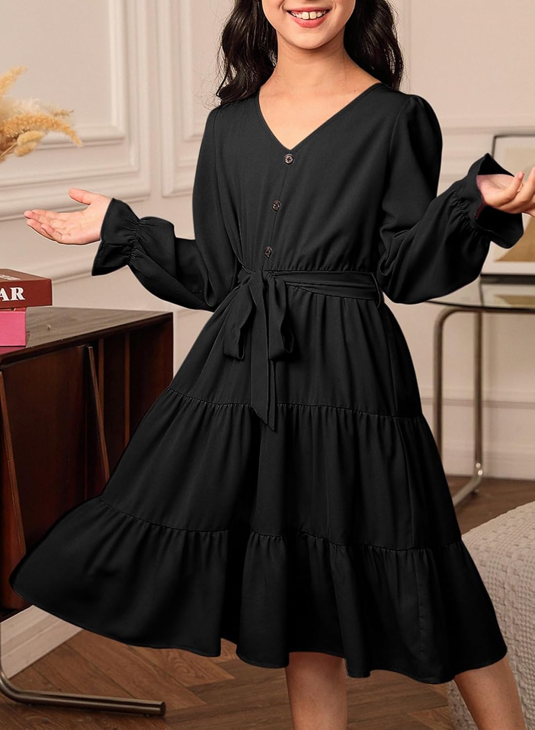 blibean Girls Long Sleeve Fall Dresses Tween Casual Ruffled Swing Formal Dressses Belt Size 6-15 Years - Image 4