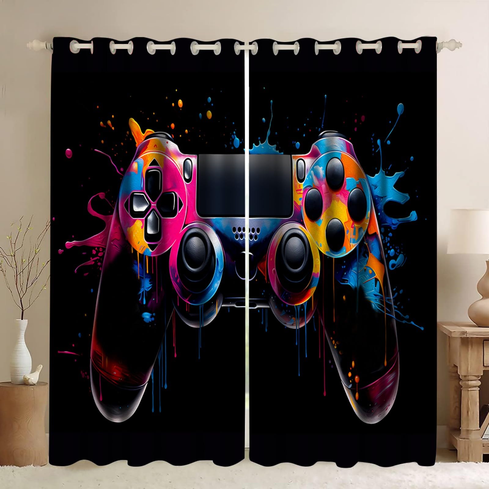 Mehrfarbige Graffiti-Gamepad LichtundurchläSsige FenstervorhäNge,2er Set H 138 x B 234 cm,VerdunkelungsvorhäNge Mit öSen, Motiv Gaming-Gamepad, füR Schlafzimmer Wohnzimmer Lounge