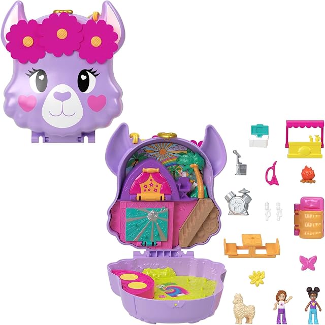 Polly Pocket Biwakowa lama Zestaw kompaktowy z 2 mikrolalkami i 13 akcesoriami, świat Polly Pocket, zabawki podróżne z niespodziankami, HKV33