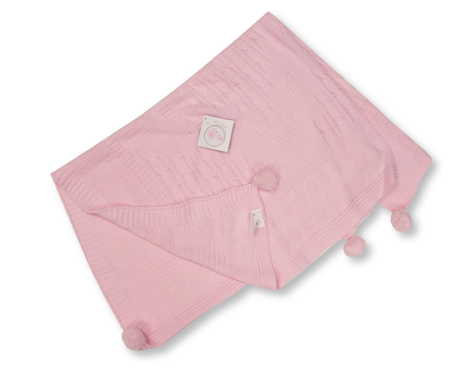 My Little Chick Knitted Baby Wrap Blanket with Pointelle Pattern and Pom-Poms (Pink) - Image 4
