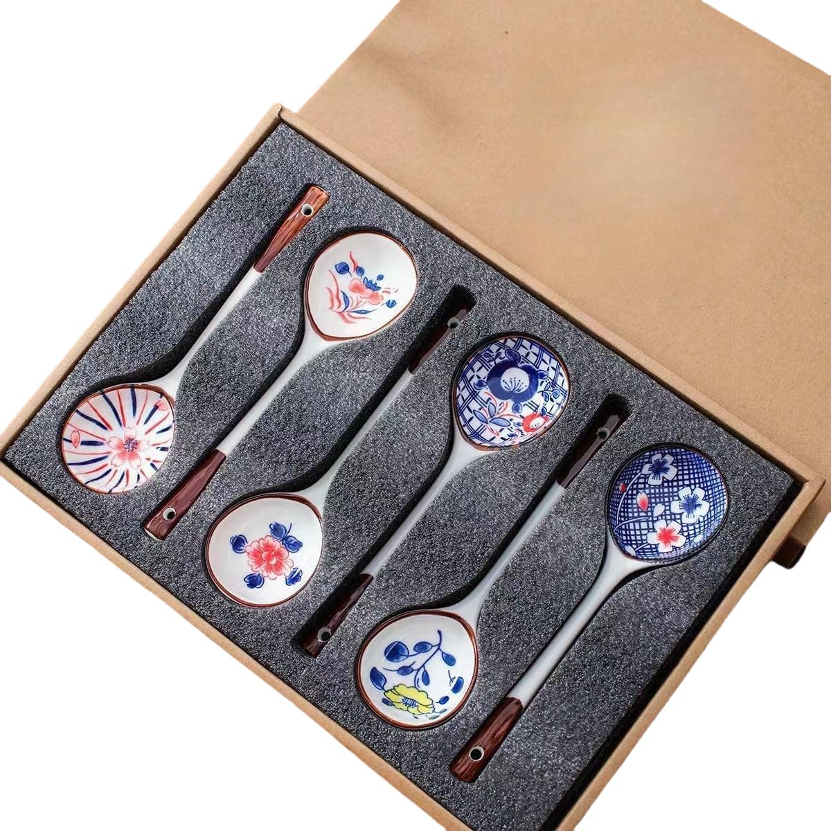 Set of 6 hand-painted ceramic afternoon tea and coffee stirring spoons in a gift box, long-handled soup spoons, handcrafted Japanese soup spoons, dinner spoons, 7 inches (17.8 cm) in length.