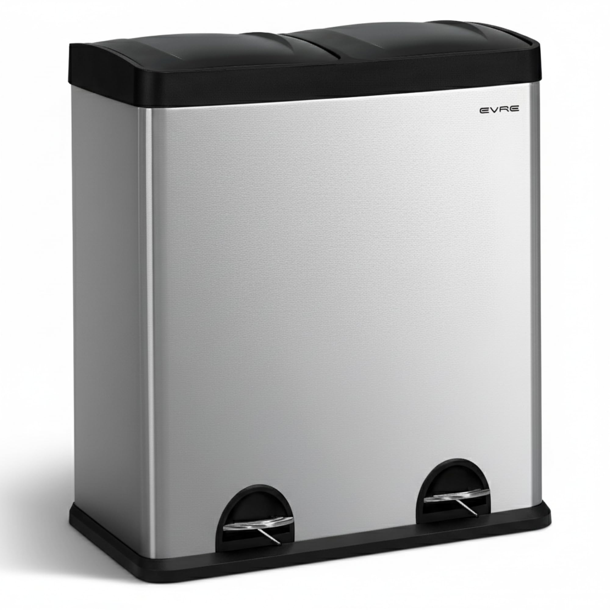 EVRE 60 Litre Stainless Steel Recycling Pedal Bin 2 x 30 L Compartments with Removable Inner Buckets and Handles for Waste Separation Recycling Trash Can (Silver)