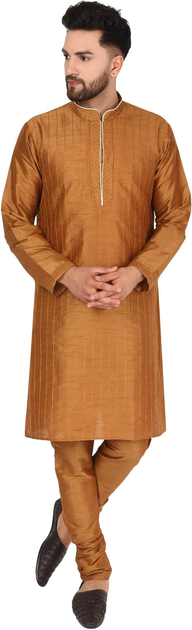 SKAVIJMen's Art Silk Kurta Pajama Indian Traditional Ethnic Wear Dress Suits Set
