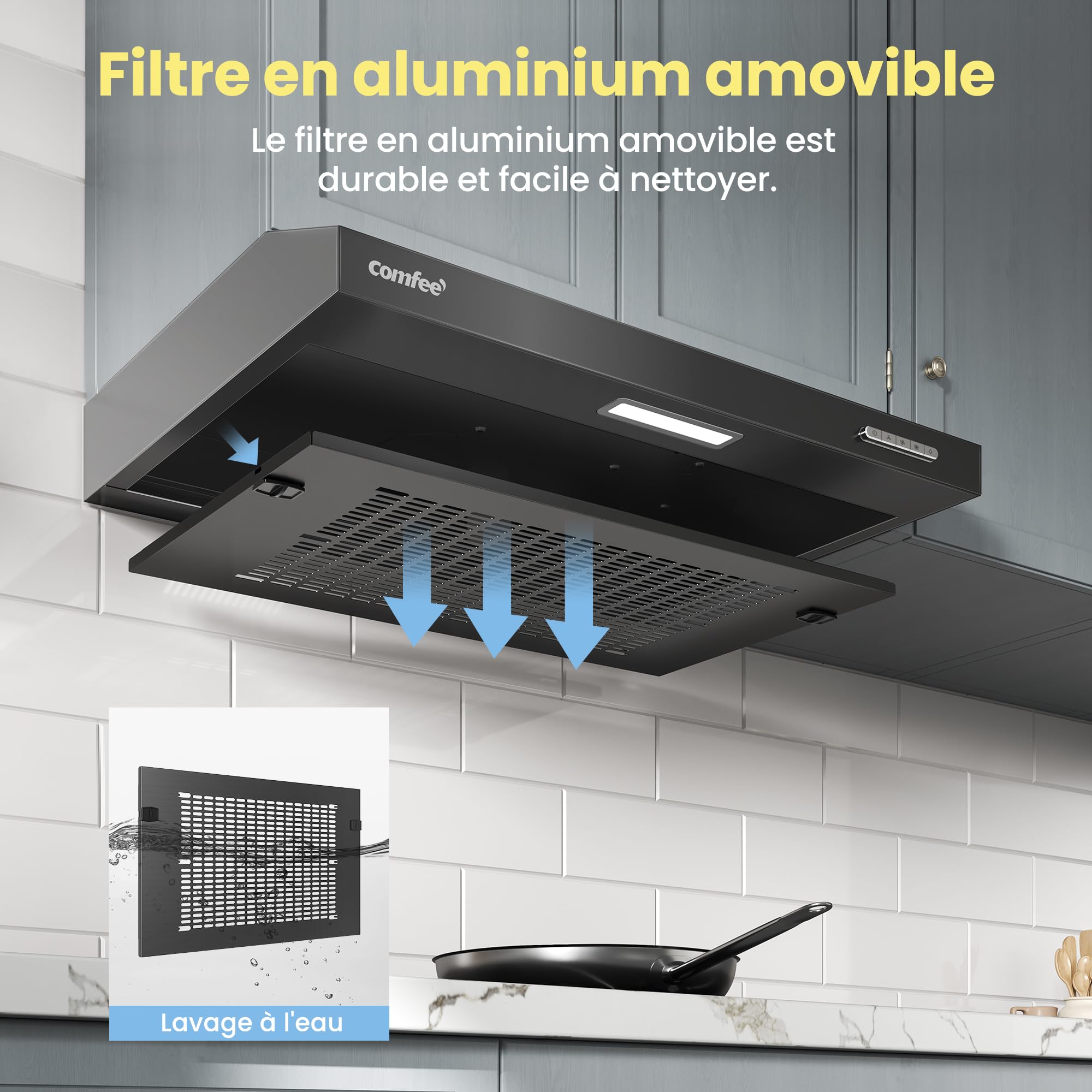 COMFEE'SLIF17B-60 LED,Hotte aspirante 60 cm, sous comptoir, 2 modes d'aspiration - 3 niveaux de vitesse - Noir - 4