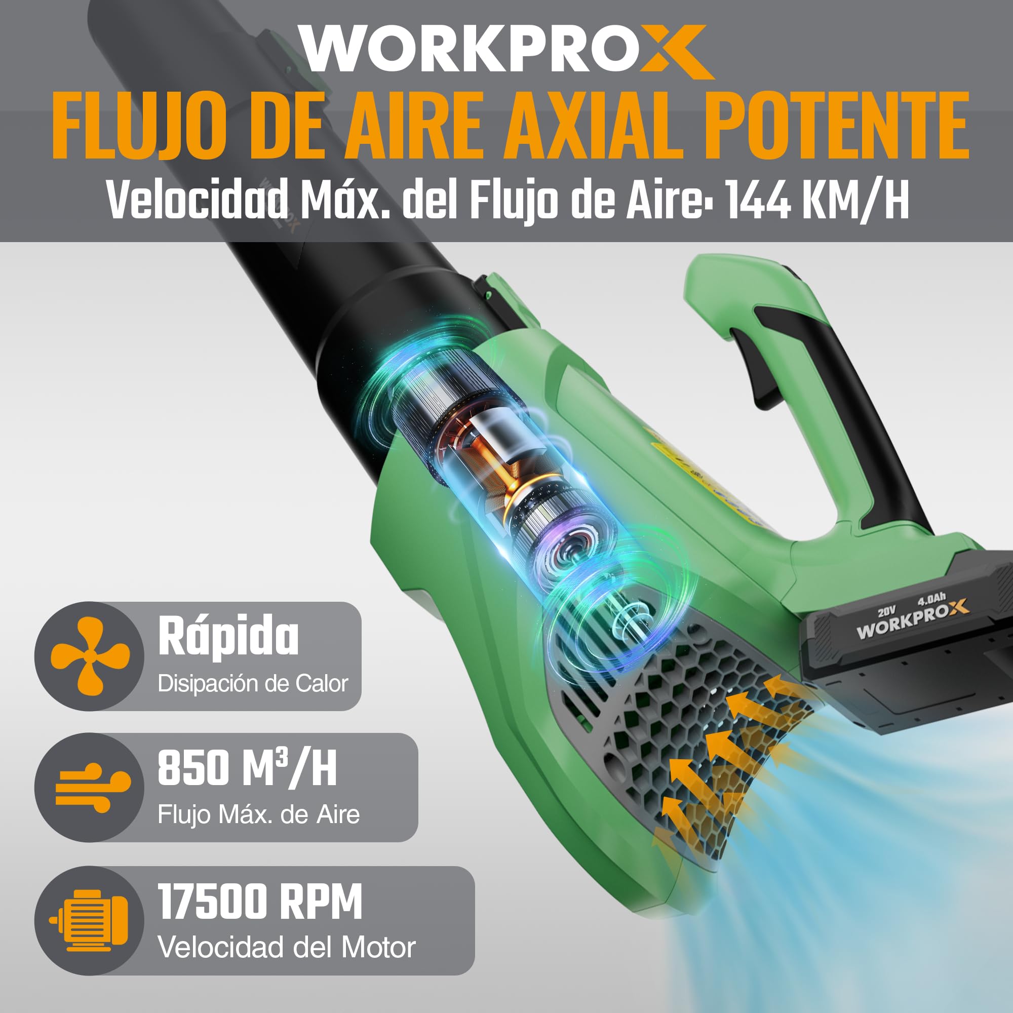 WORKPROX Soplador de Hojas, 20V Soplador de Hojas Bateria, con Flujo de Aire Potente 144KM/H, Capacidad 850 M³/H, Control de 5 Velocidad, Sopladora para Jardineria | con Flujo de Aire Potente 144KM/H, Capacidad 850 M³/H, Control de 5 Velocidad, Sopladora
