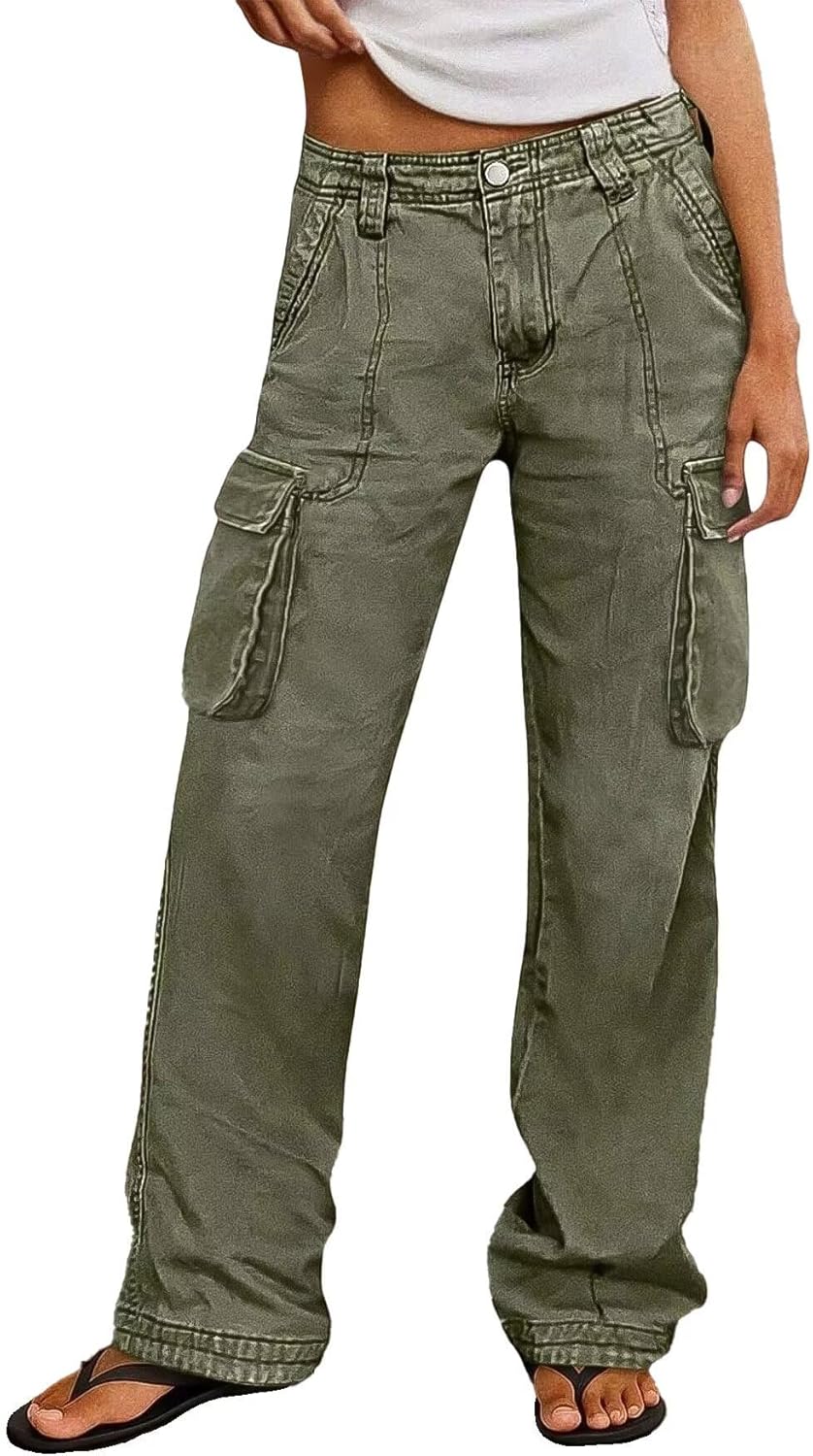 Flamingals Wide Straight Leg Cargo Pants for Women Mid Waist High Stretchy Vintage Solid Multi Flap Pocket Long Work Pants