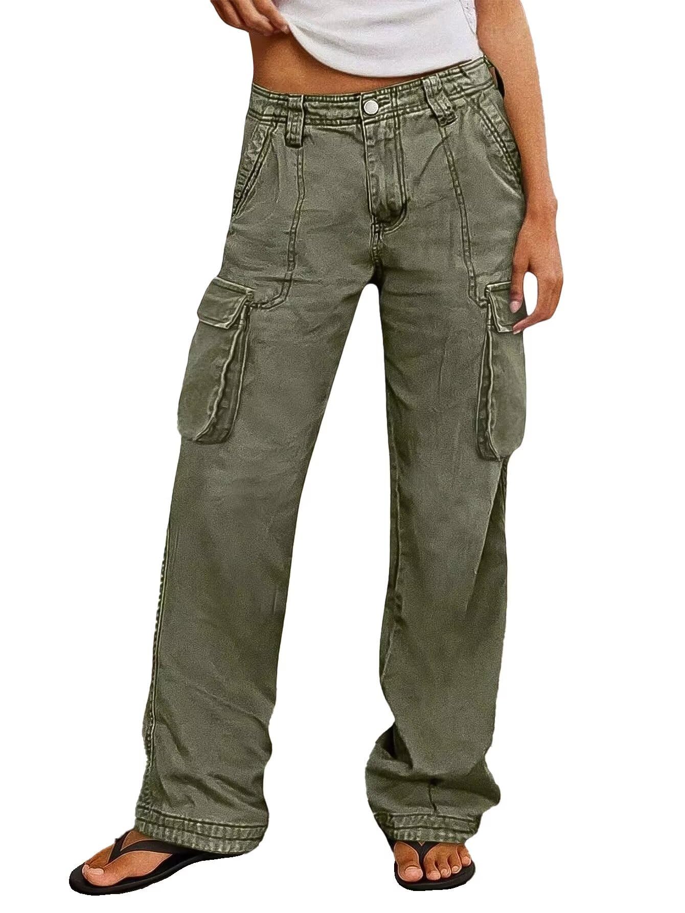 Flamingals Wide Straight Leg Cargo Pants for Women Mid Waist High Stretchy Vintage Solid Multi Flap Pocket Long