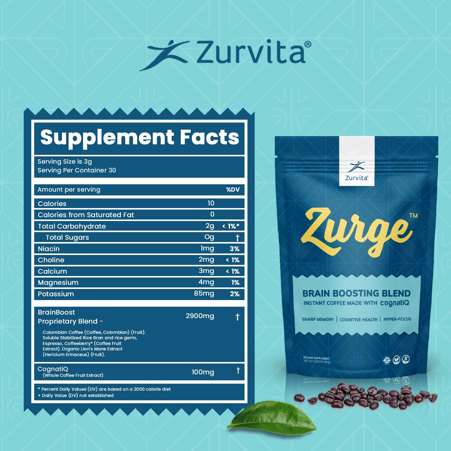 Zurvita - Zurge Instant Coffee - Boost Cognitive Health with CognatiQ, Lion's Mane, and More Enhance Clarity with Colombian Arabica - 30 Servings