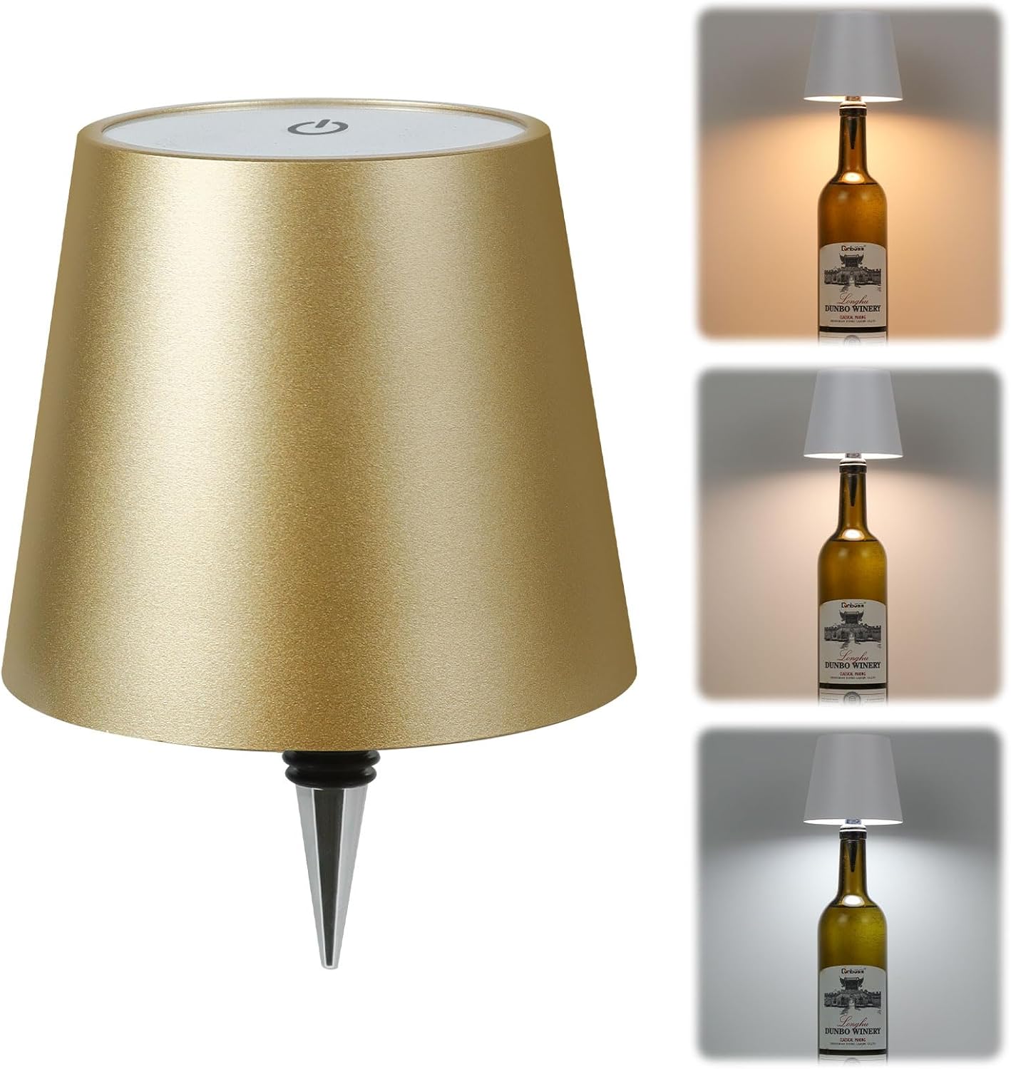 Wireless Bottle Lamp,Wireless Liquor Bottle Lamps Shade for Any Bottle,Rechargeable 3 Color Stepless Dimming LED Wine Lights,Touch Control Desk Kit for bar & Restaurant - Gold