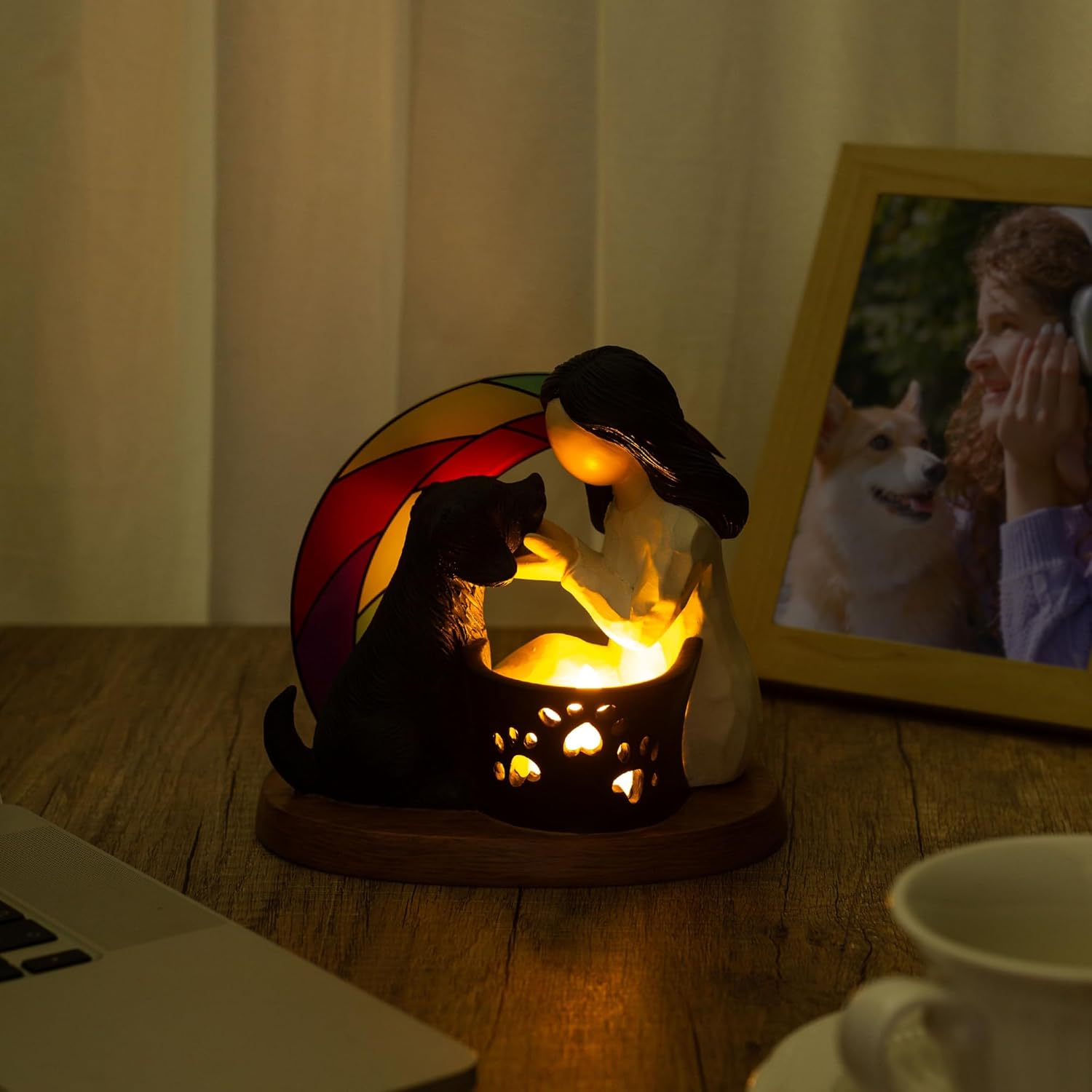 Dog Memorial Gifts with Rainbow Bridge,Hand-Sculpted Resin Pet Loss Sympathy Gift with LED Candle Holder, Home Decor for Pet Owners