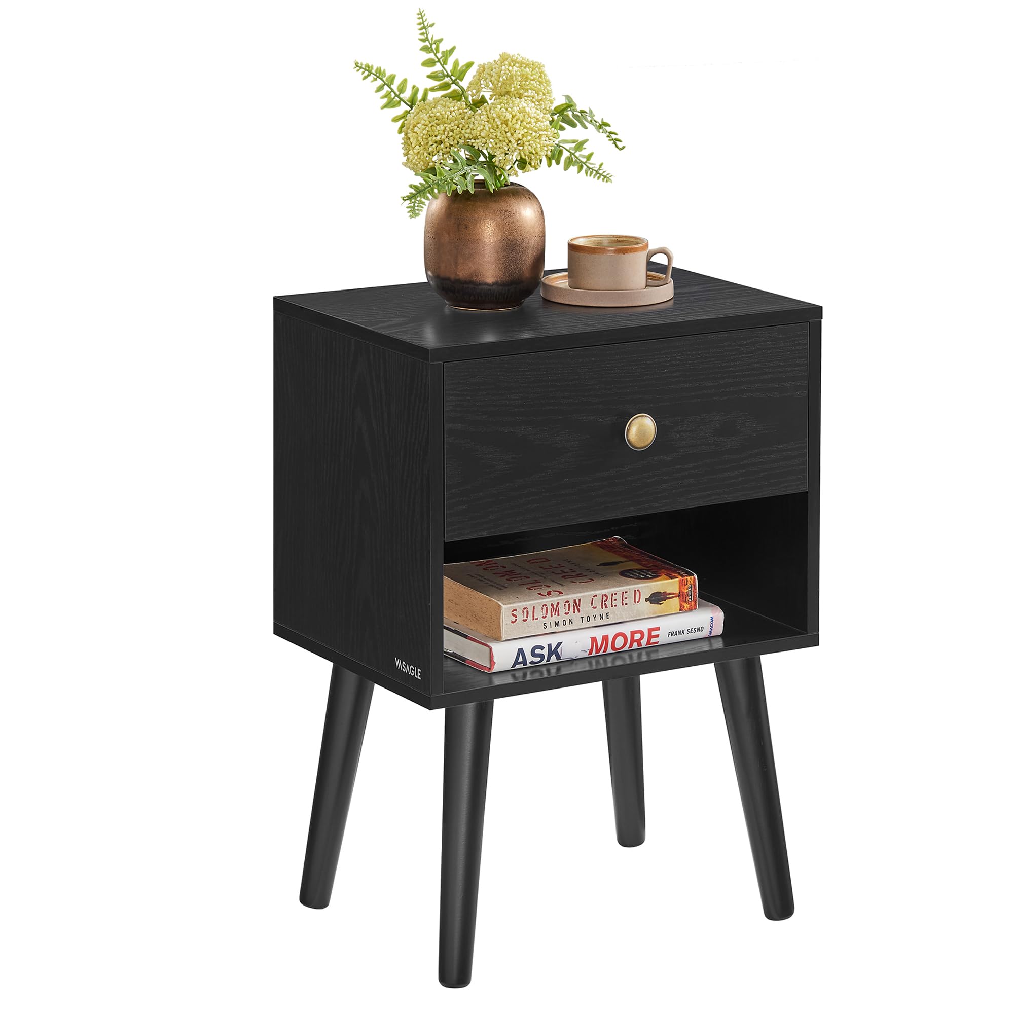 VASAGLE Table de Chevet, Table d'appoint avec tiroir de Rangement et étagère Ouverte, Pieds en Bois Massif, Table d'appoint pour Salon, Chambre à Coucher, canapé, Noir ébène LET655B56