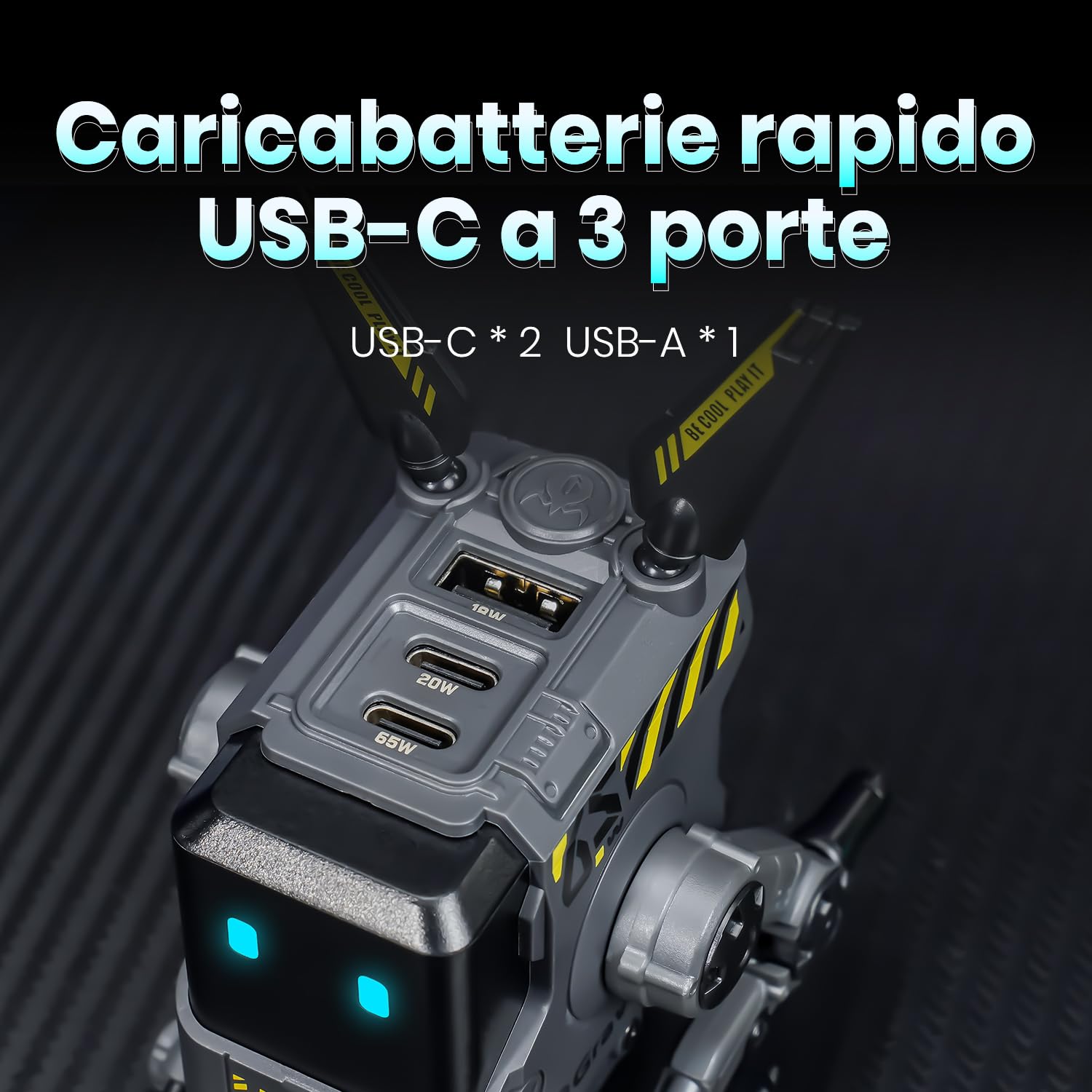 GravaStar Caricabatterie rapido GaN Alpha da 65W, caricabatterie rapido a 3 porte con presa multipla da viaggio, caricabatterie universale per UK/EU/USA, per iPhone, MacBook, iPad (Nero)