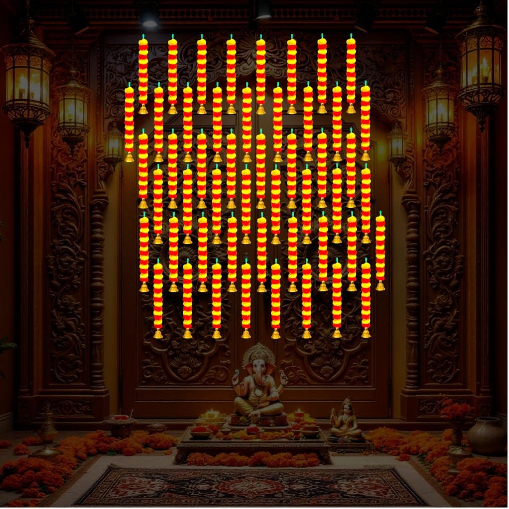 iHandikart Marigold Garland Artificial Fluffy Flower with Bell in The Bottom Used for Festival Decoration|Office Home Diwali Decoration, Colour Yellow & Dark Orange, Pack of 50 (31578)