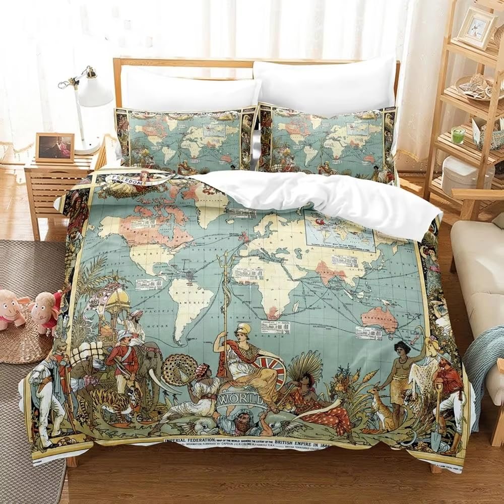 SJSXWQN Single Duvet Cover Set World Map Bedding for Kids Single Duvet Cover with Zipper Closure Soft Hypoallergenic Microfiber Duvet Cover 53.1"x 78.7" + 2 Pillowcases 19.7"x 29.5"