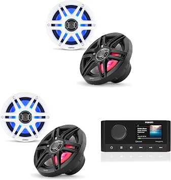 Fusion MS-RA210 Source Unit w/Clarion 2 Pair CMS-651RGB-SWB 6.5-inch Coaxial Marine Speakers with Built-in RGB Illumination Includes White & Black Sport Grilles