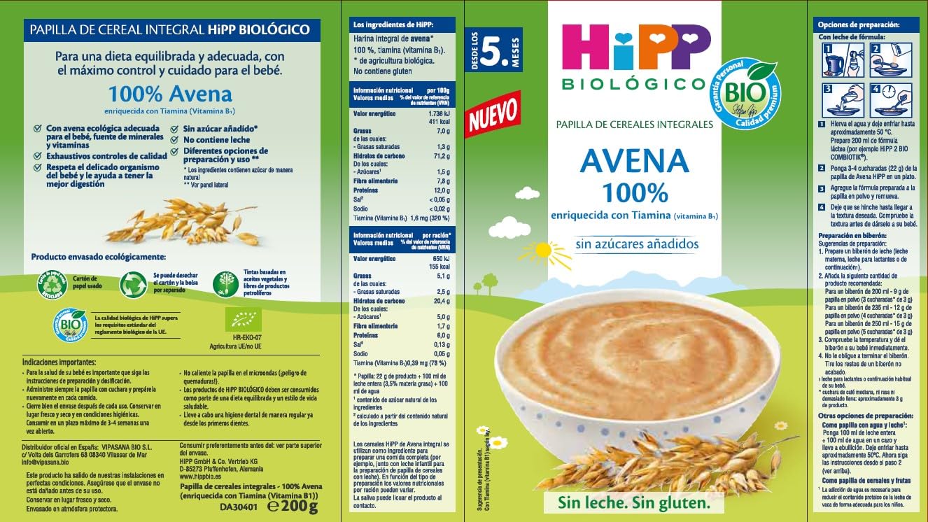 HiPP Biológico - Avena 100% - Papilla de Cereales Integrales - Apta a partir de 5 meses - Sin lactosa, Sin glútén, sin azúcares añadidos - 200 gr