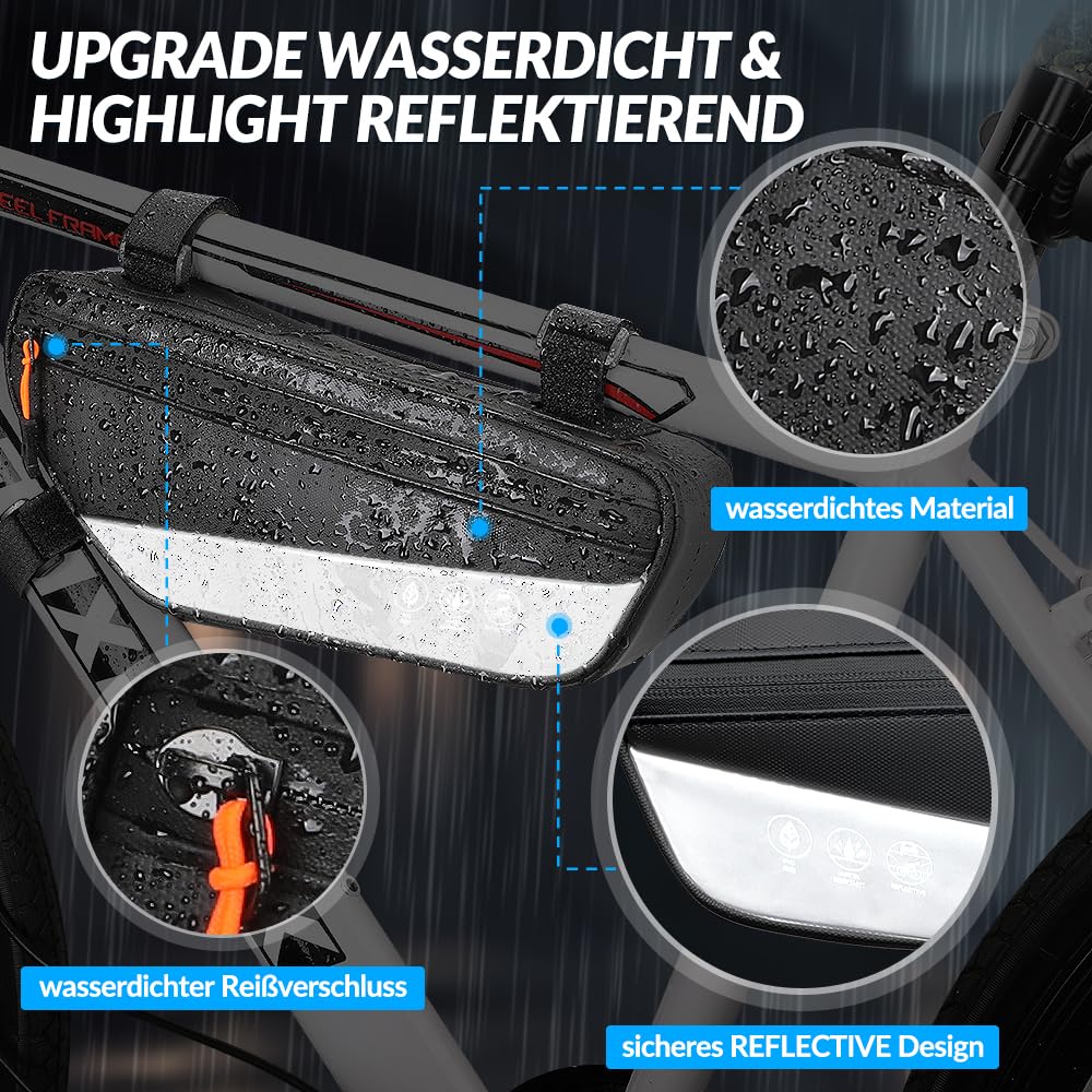 WOTOW Fahrradrahmentasche Dreiecktasche - 1,8 L wasserdichte Fahrradtasche mit Seitentasche, reflektierende Fahrradwerkzeugtasche 30 * 11,5 * 5,7 cm