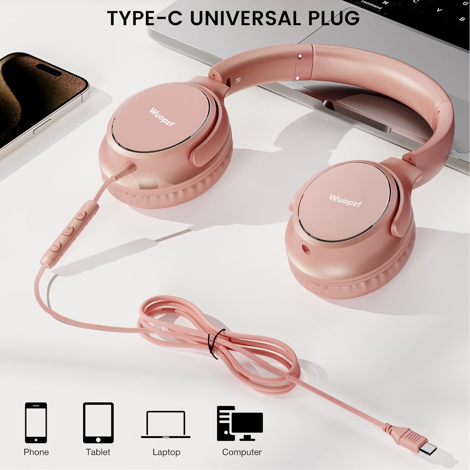 USB C Wired Over-Ear Headphones with Microphone, Volume Control, Share Port, and Adjustable Headband Foldable Stereo Headset for iPhone 16, Samsung, Laptop, Gaming, Travel