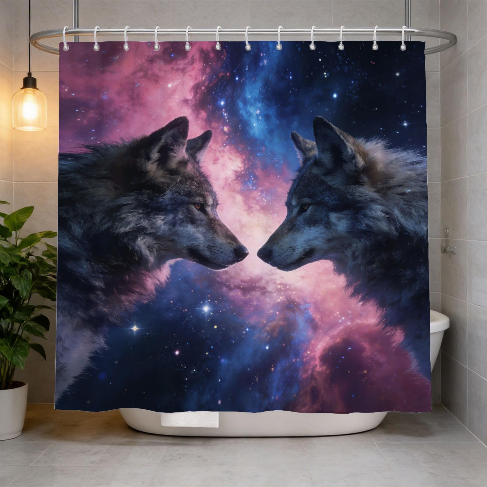 Hongduo 3D Wolf Starry Sky Shower Curtain for Stalls Bathtubs Mystical Bathroom Decor Shower Curtain Set Polyester Fabric Waterproof 180x180cm/71X71 Inch with Hooks
