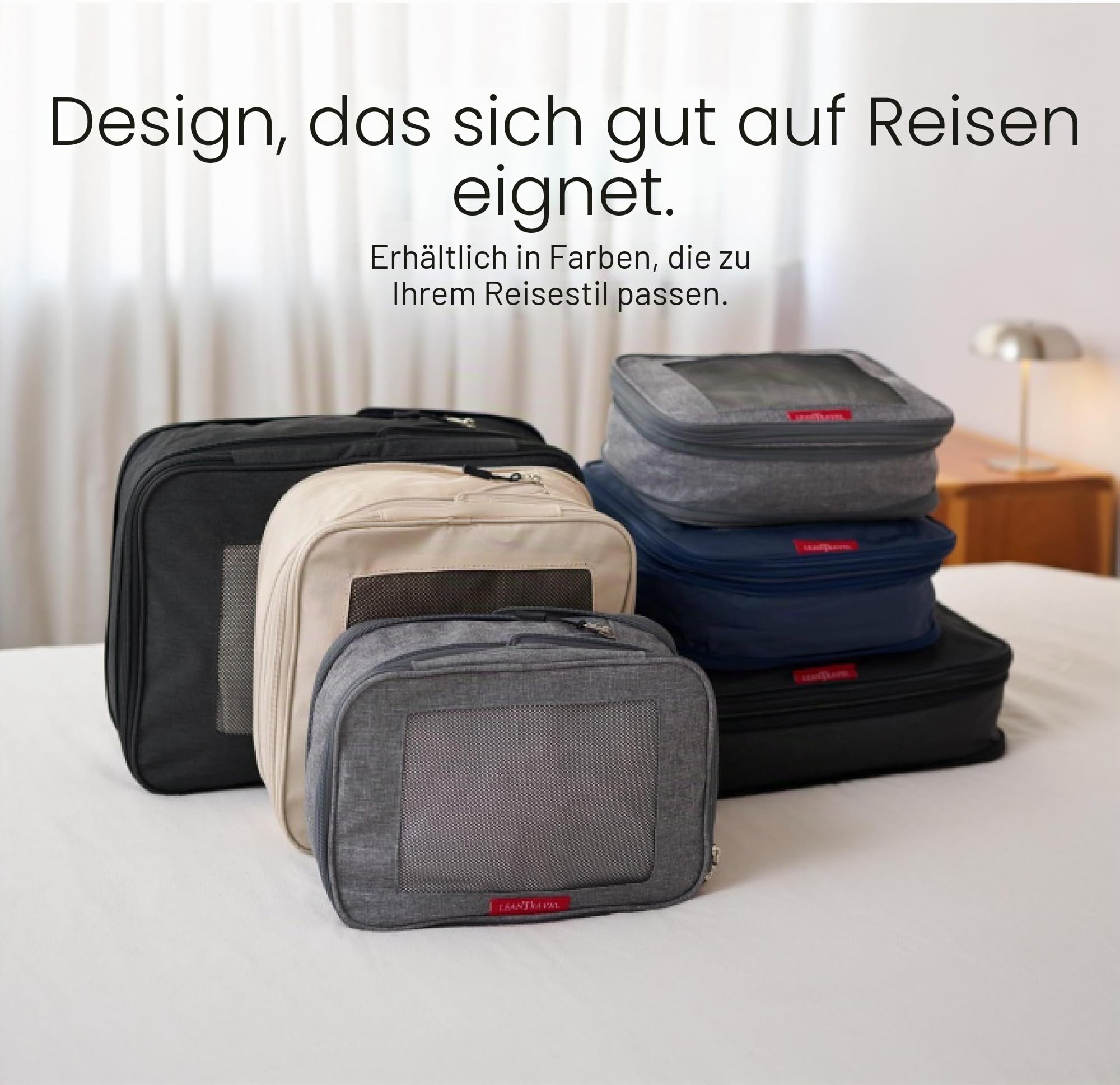 LeanTravel Kompressions-Verpackungswürfel für Reise-Organizer mit doppeltem Reißverschluss (6er-Pack (2 l + 2 m + 2 s), Sand)