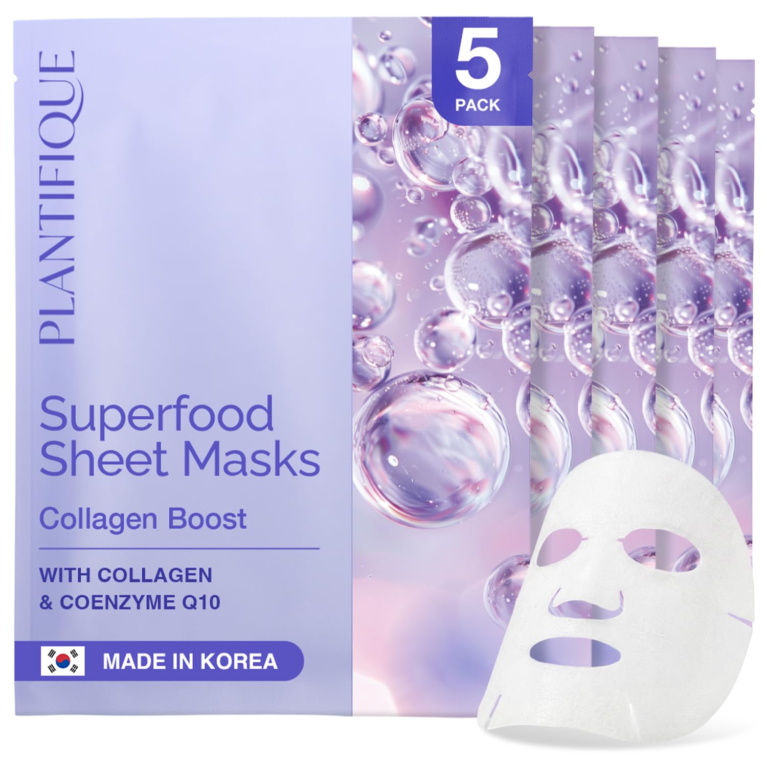 PLANTIFIQUE Koreanische Gesichtsmaske 5-Pack mit Superfoods - Kollagen, Coenzym Q10, Blaubeeren & Hyaluronsäure - Feuchtigkeitsspendende und straffende Tuchmasken - Korean Face Mask