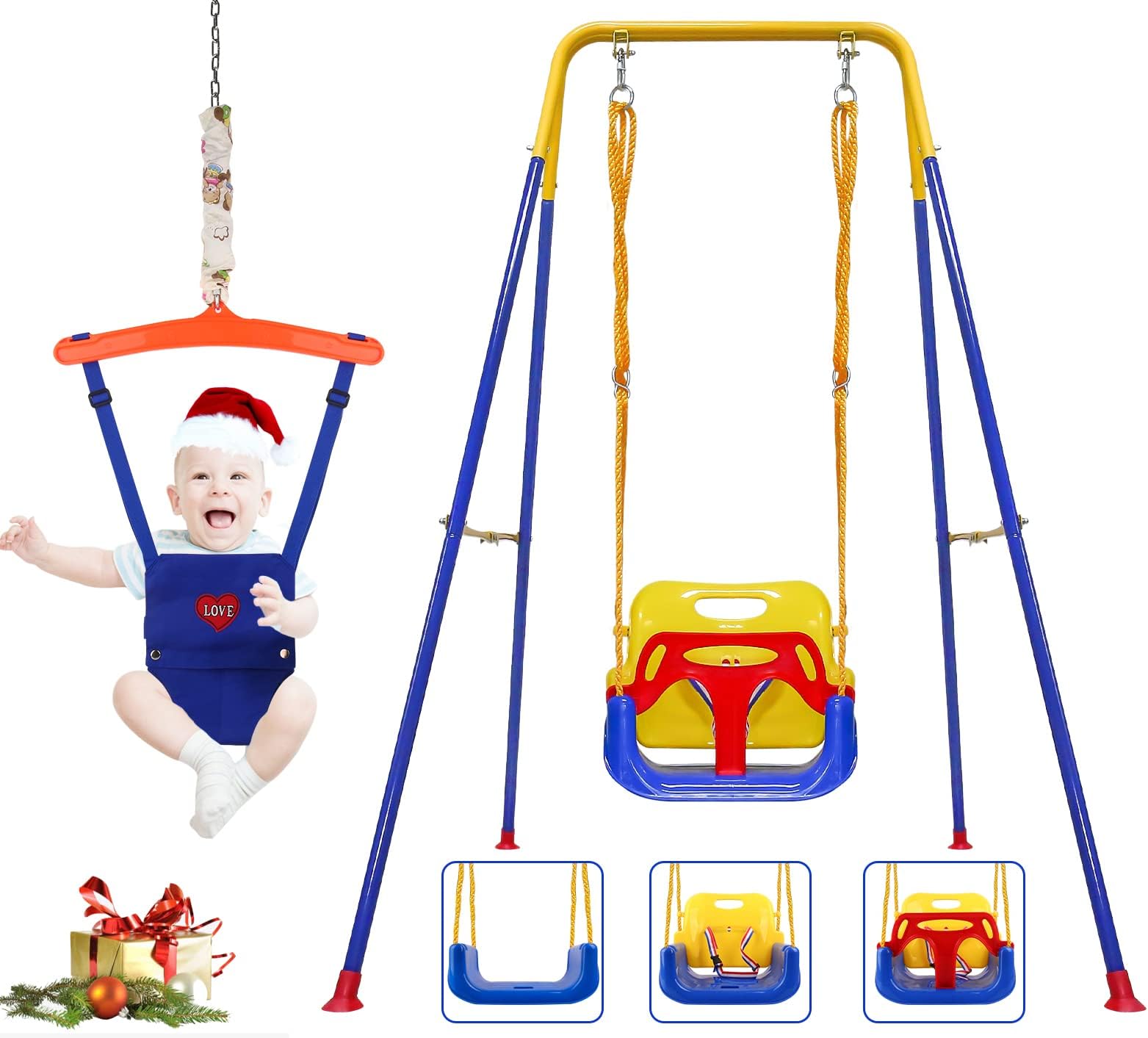 3-in-1 Toddler Swing Set and Baby Jumper, Baby Swing with Bouncers for Indoor Outdoor Play, Sturdy Safety Seat and Foldable Metal Swing Stand Easy to Assemble and Store at Home Garage Yellow