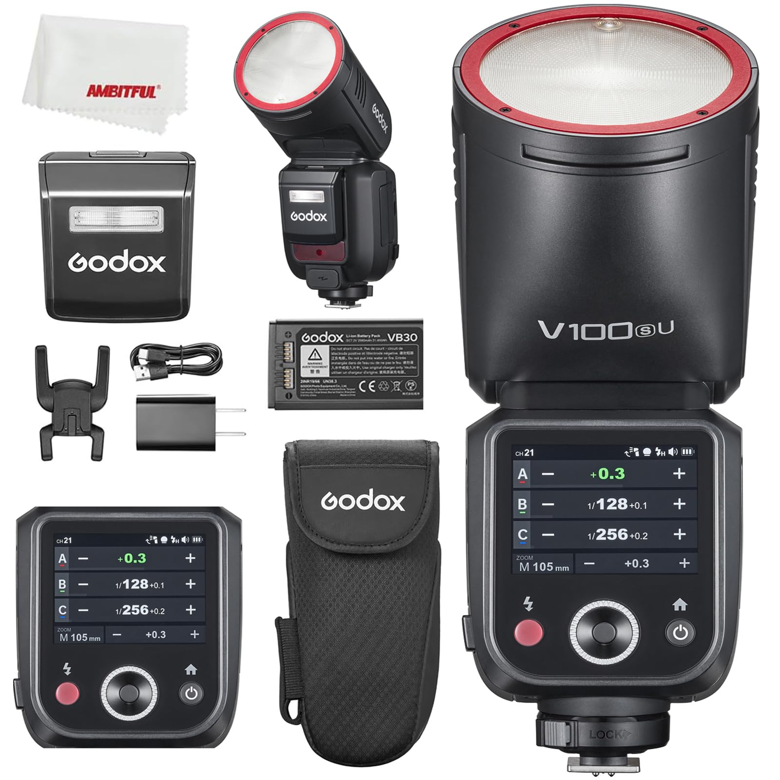 Godox V100 S V100S USA Versions 100Ws TTL Li-ion Round Head Flash for Sony Camera,400 Full Power Flashes, 1.7s Recycle Time, SU-1 Sub Flash,One-Tap