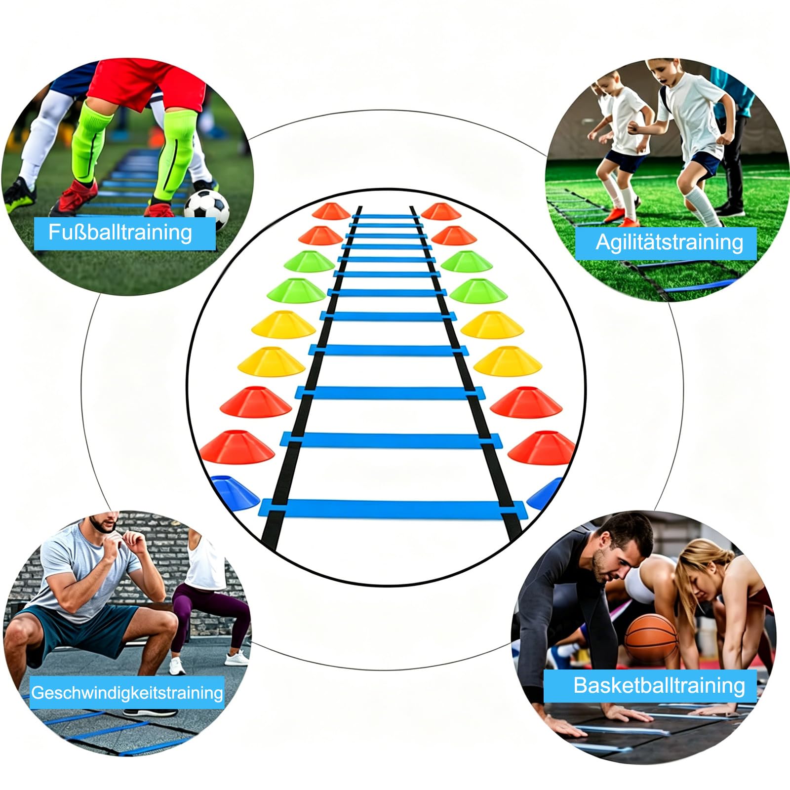 Koordinationsleiter - 6M Koordinationsleiter mit 20 Hütchen,Trainingsleiter Geschwindigkeit Schnelligkeitsleiter Agility/Speed Ladder, 42 cm Breite, Hürden Trainieren Kraft, Ausdauer,Technik zuhause