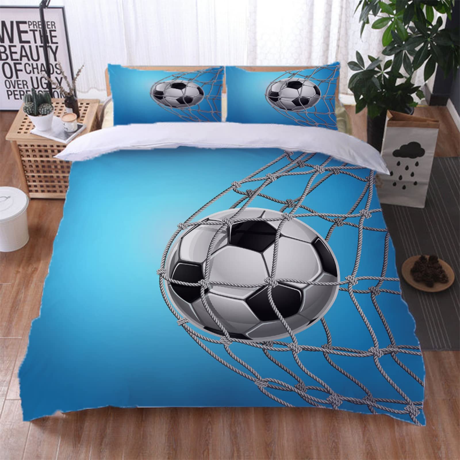 Set Biancheria Da Letto Singolo Bambini 3 Pezzi Stampati In Stampa Di Calcio 3D Set Copripiumino In Microfibra 135X200Cm Parure Da Letto Singolo Con Cerniera E 2 Federe 50X80Cm