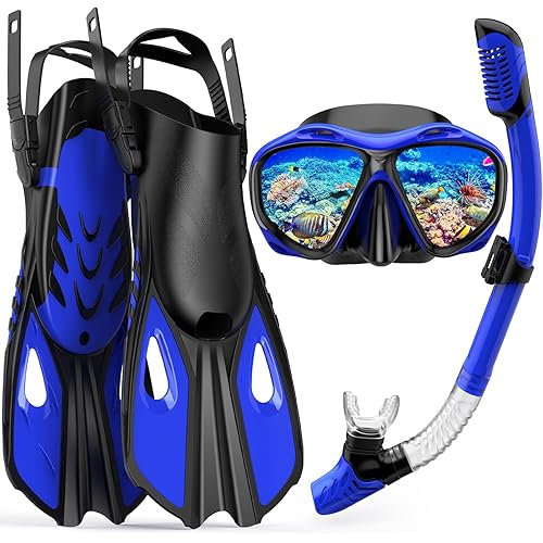 Snorkeling Gear for Adults Men Women, 3 in 1 Snorkel Set with Panoramic View Diving Mask Anti-Fog Anti-Leak, Snorkel Mask Dry Top Snorkel Fins for Swimming, Snorkeling and Travel Diving