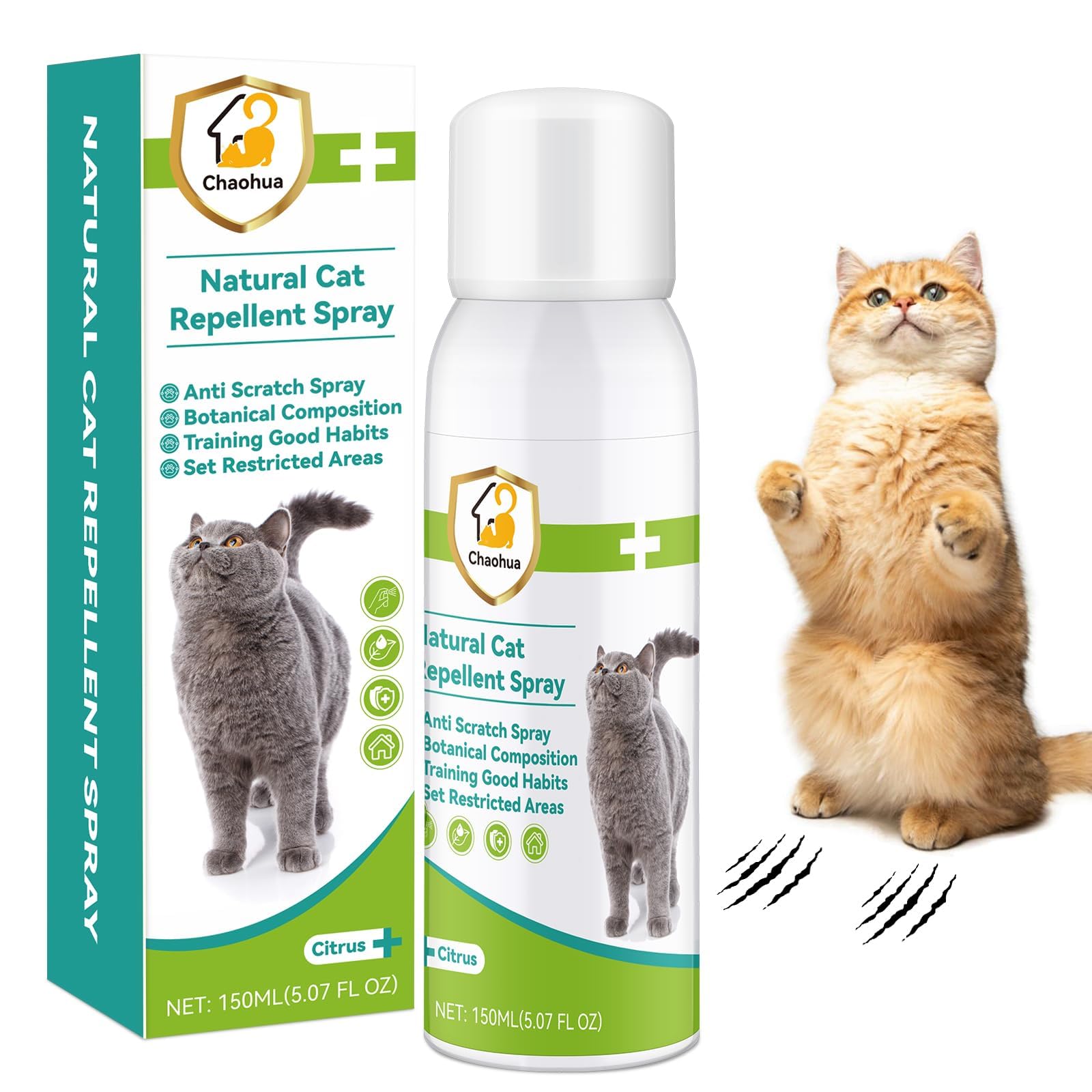Katzenabwehrspray für Katzen, Verbesserte Fernhaltespray Katzen für Innen und Außen, Anti Katzen Spray, natürlichen Wirkstoffen, Schützen von Möbeln, Böden, Sofas, Teppichen-150ml, Grün