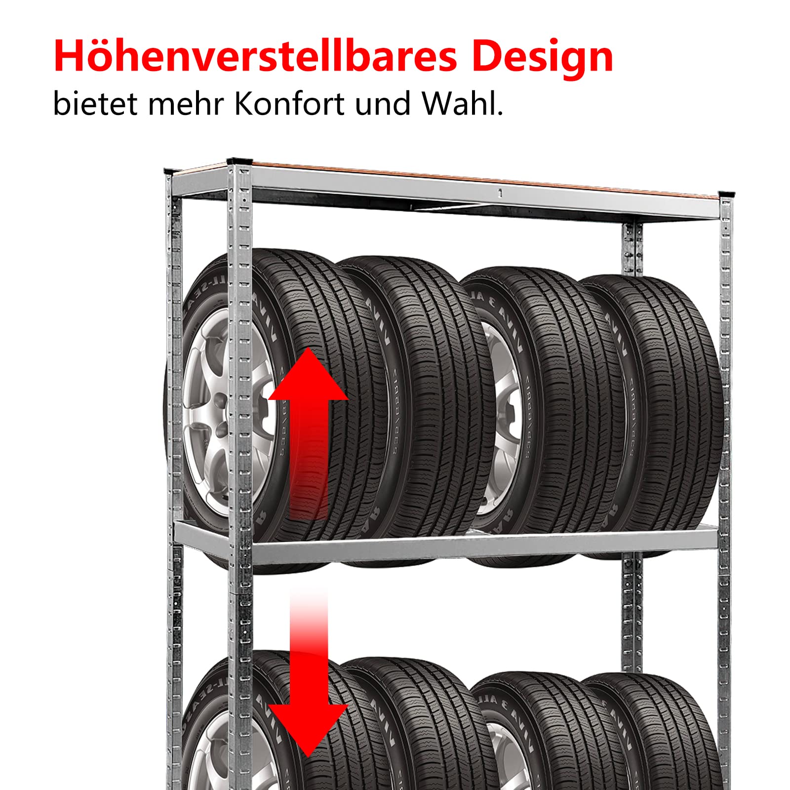RELAX4LIFE Reifenregal, Reifenständer 3 Ebenen, belastbar bis zu 795 kg, höhenverstellbarer Reifenlager, Felgenregal aus MDF und Stahl, Garagenregal für 8 Reifen, 120 x 40 x 180 cm, Silber