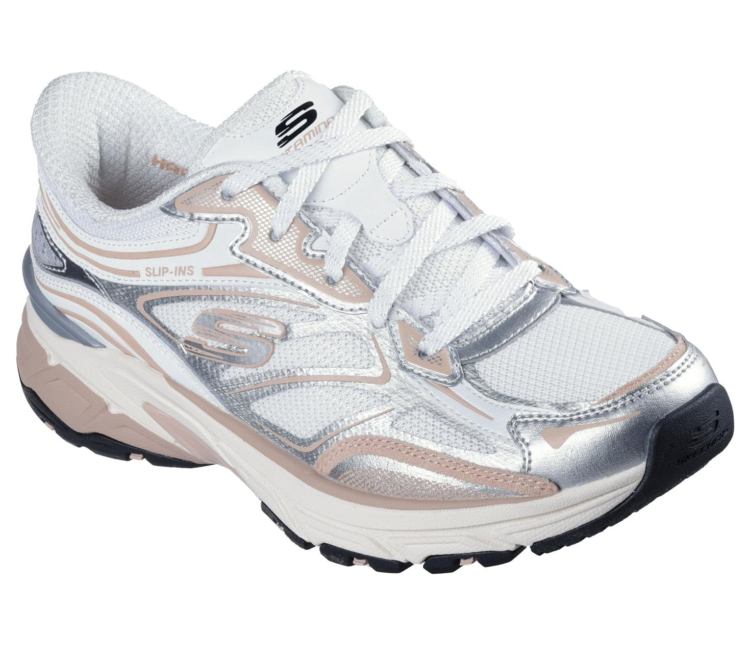 Skechers Women's Stamina Sport Slip-On Sneakers, Silver Duraleather/White Mesh/Pink Trim, 4.5 UK