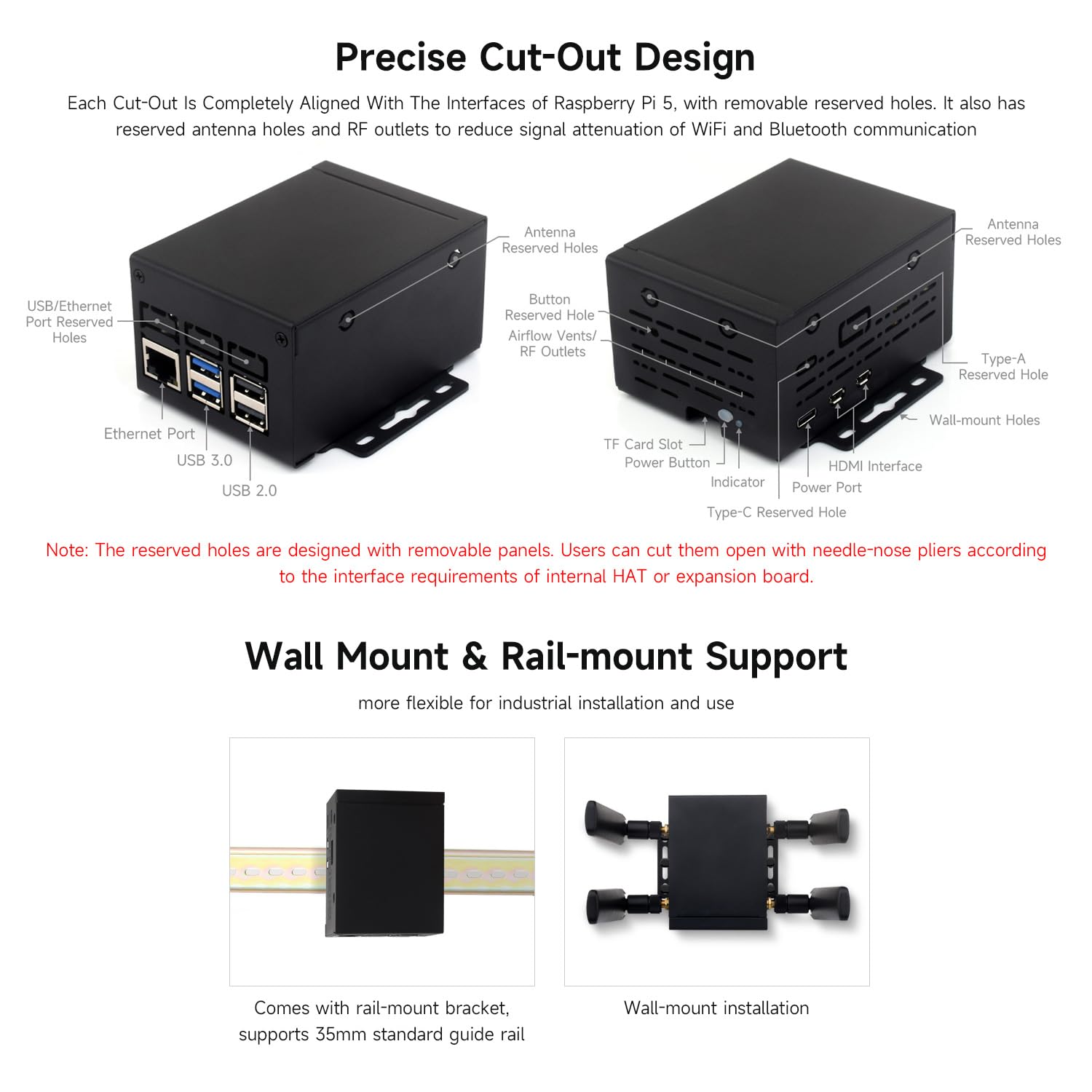 Waveshare Industrial Grade Metal Case (D) for Raspberry Pi 5, Larger Internal Space, Supports Installing Official Cooling Fan and Various Hats, Wall-Mount and Rail-Mount Support