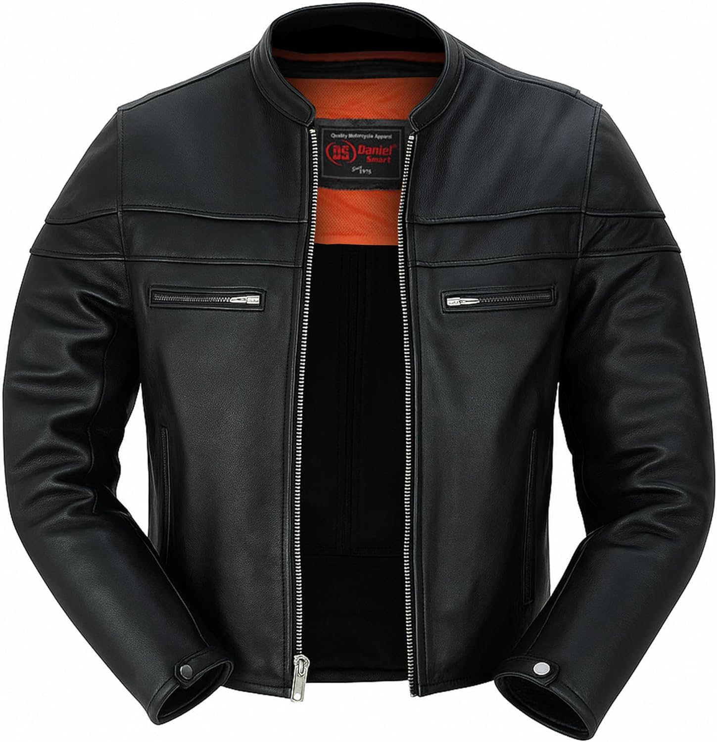 Daniel Smart Men Motorcycle Black Leather Jacket Mandarin Collar Biker Leather Jacket with inside pockets