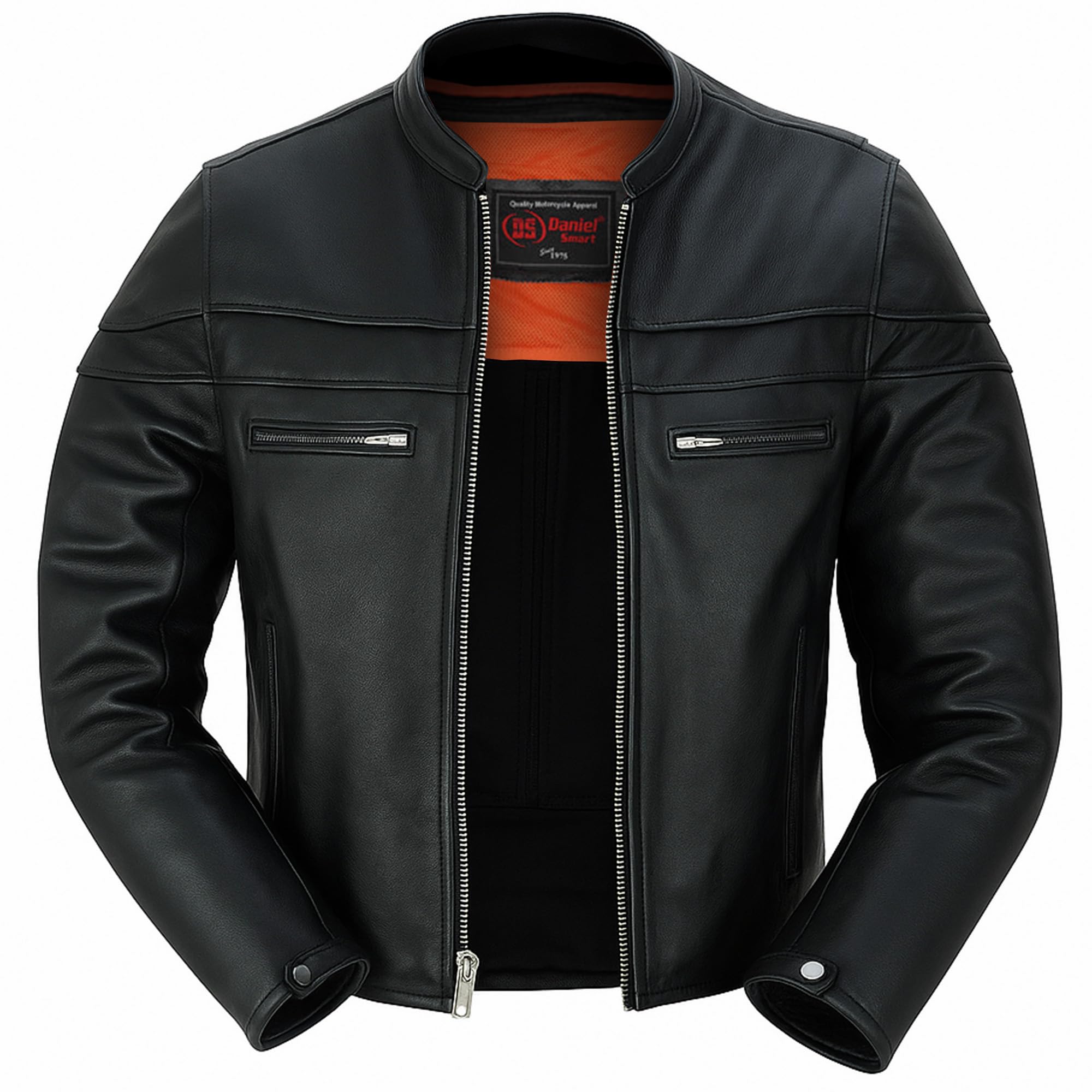 Daniel Smart Men Motorcycle Black Leather Jacket Mandarin Collar Biker Leather Jacket with inside pockets