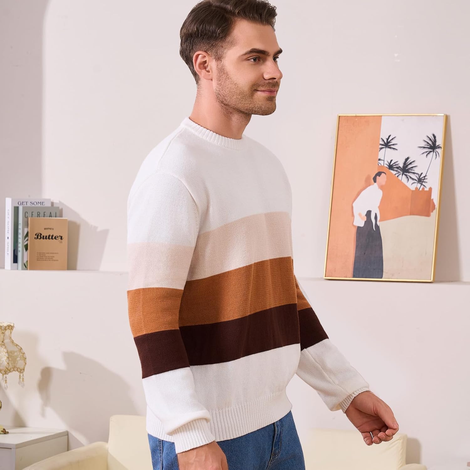 Mens Crewneck Sweater Casual Slim Fit Long Sleeve Striped Color Block Soft Thermal Knitted Pullover Sweaters - Image 6