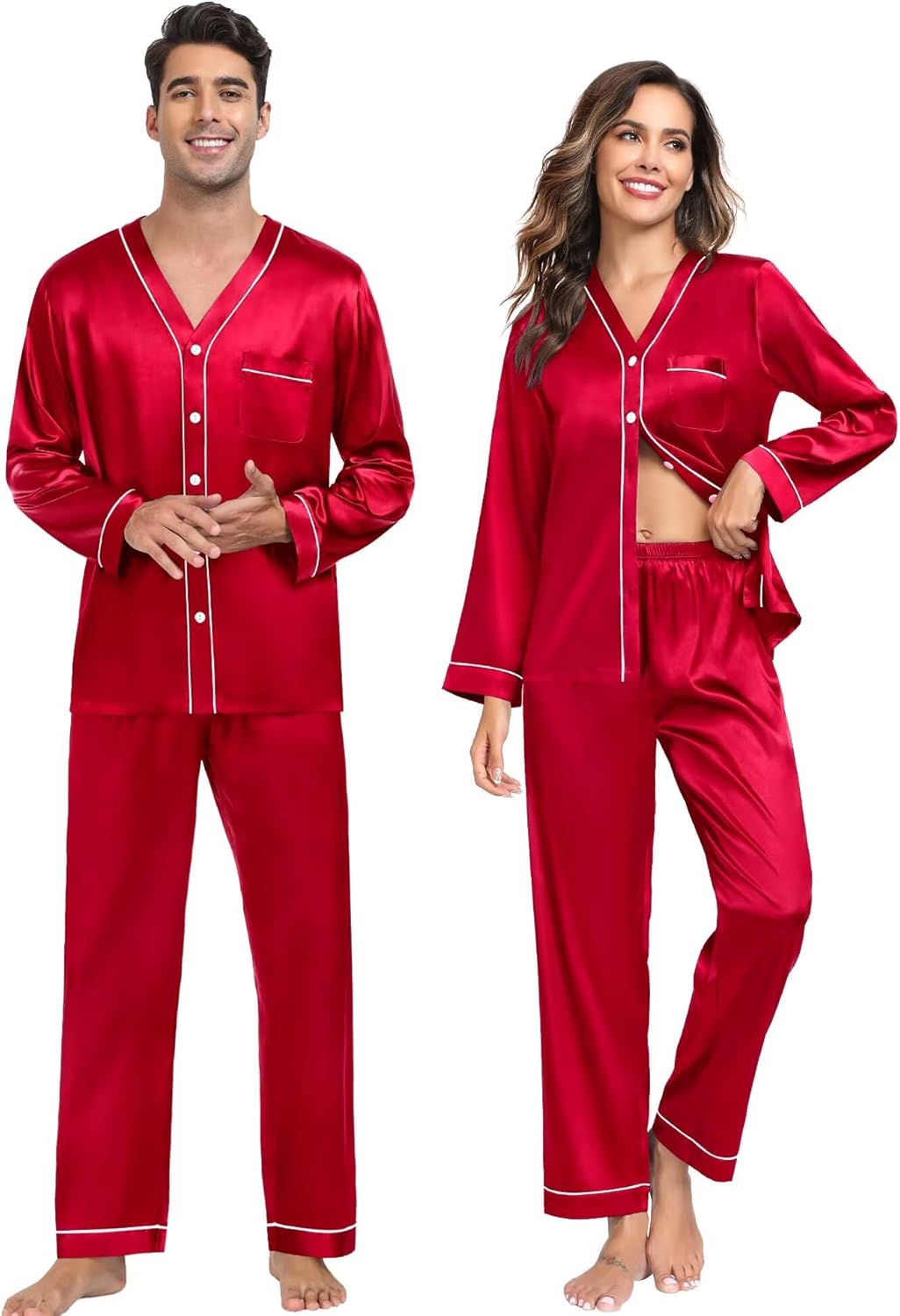 SWOMOG Family Satin Pajamas Sets Long Sleeve Button-Down Sleepwear Silky Two-Pieces Loungewear PJs Sets