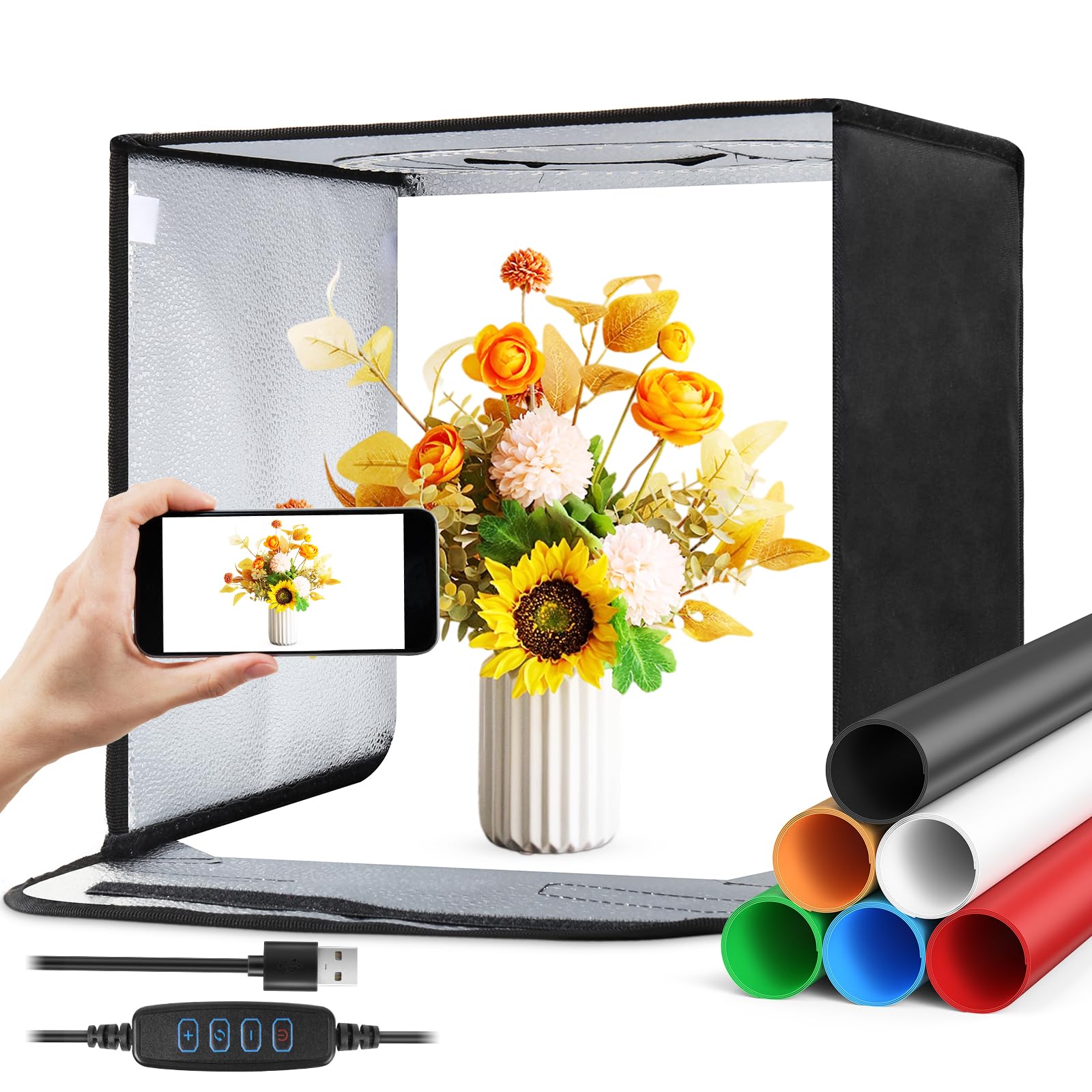 Caja de luz plegable de 30 cm, estudio fotográfico portátil con luces LED regulables y 4 fondos para joyas, cosméticos, fotografía de productos