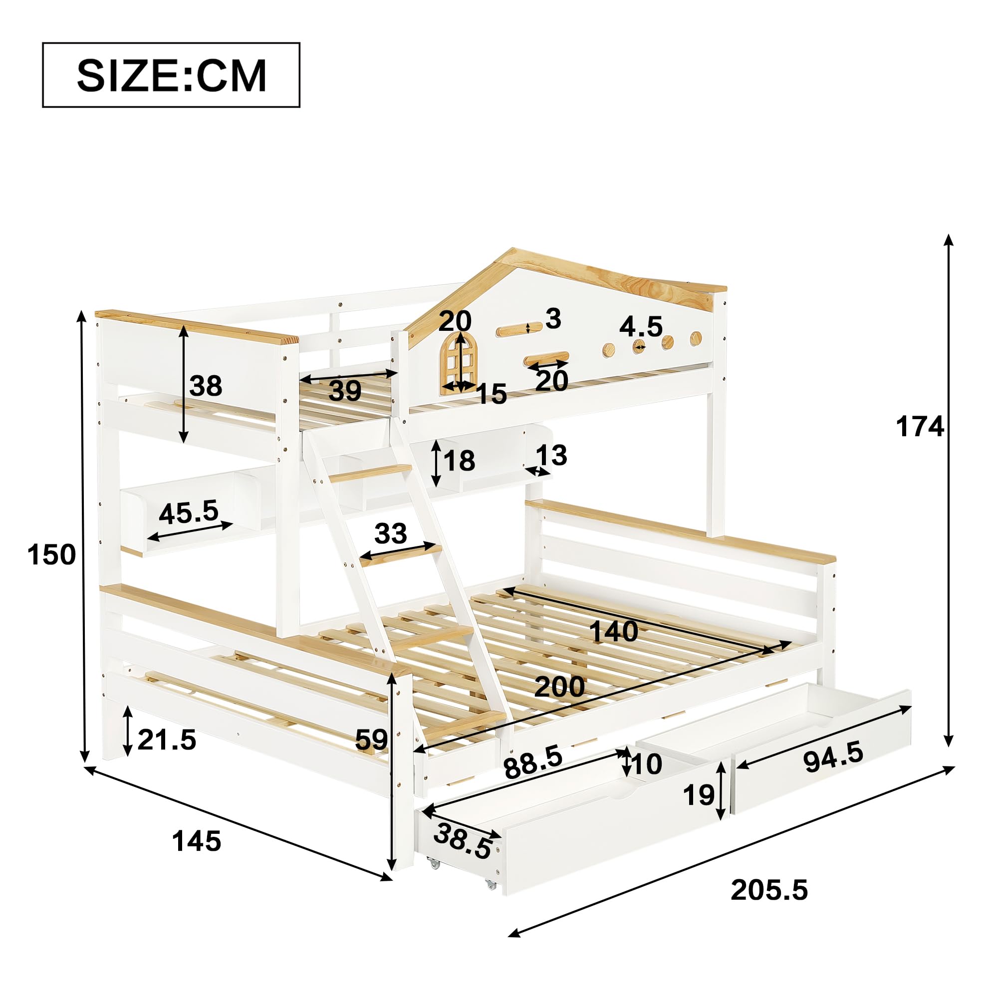 Lubvtti Litera Infantil con 2 cajones,Cama Infantil 90 x 200 cm y 140 x 200 cm,literas Juveniles con Estante Abierto,Estructura de Cama de Matrimonio de Madera Maciza, Blanco + Natural